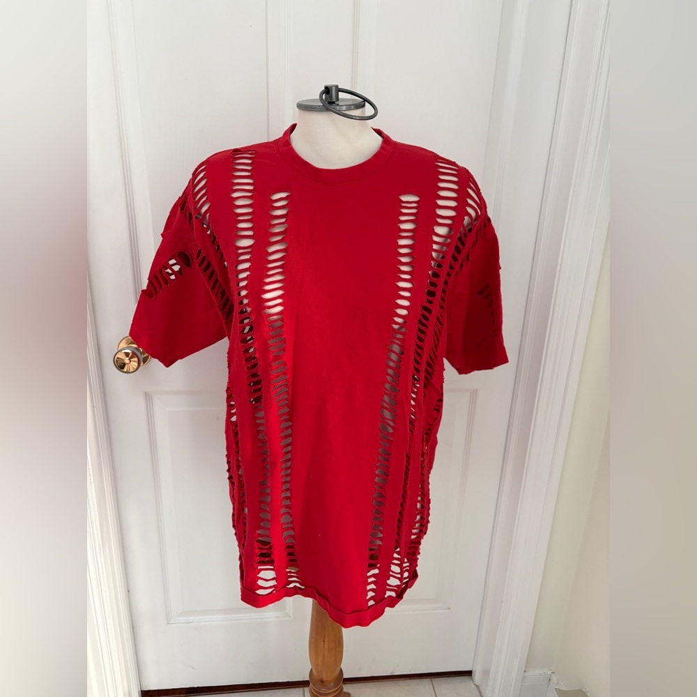 Red Short Sleeve Distressed Tee